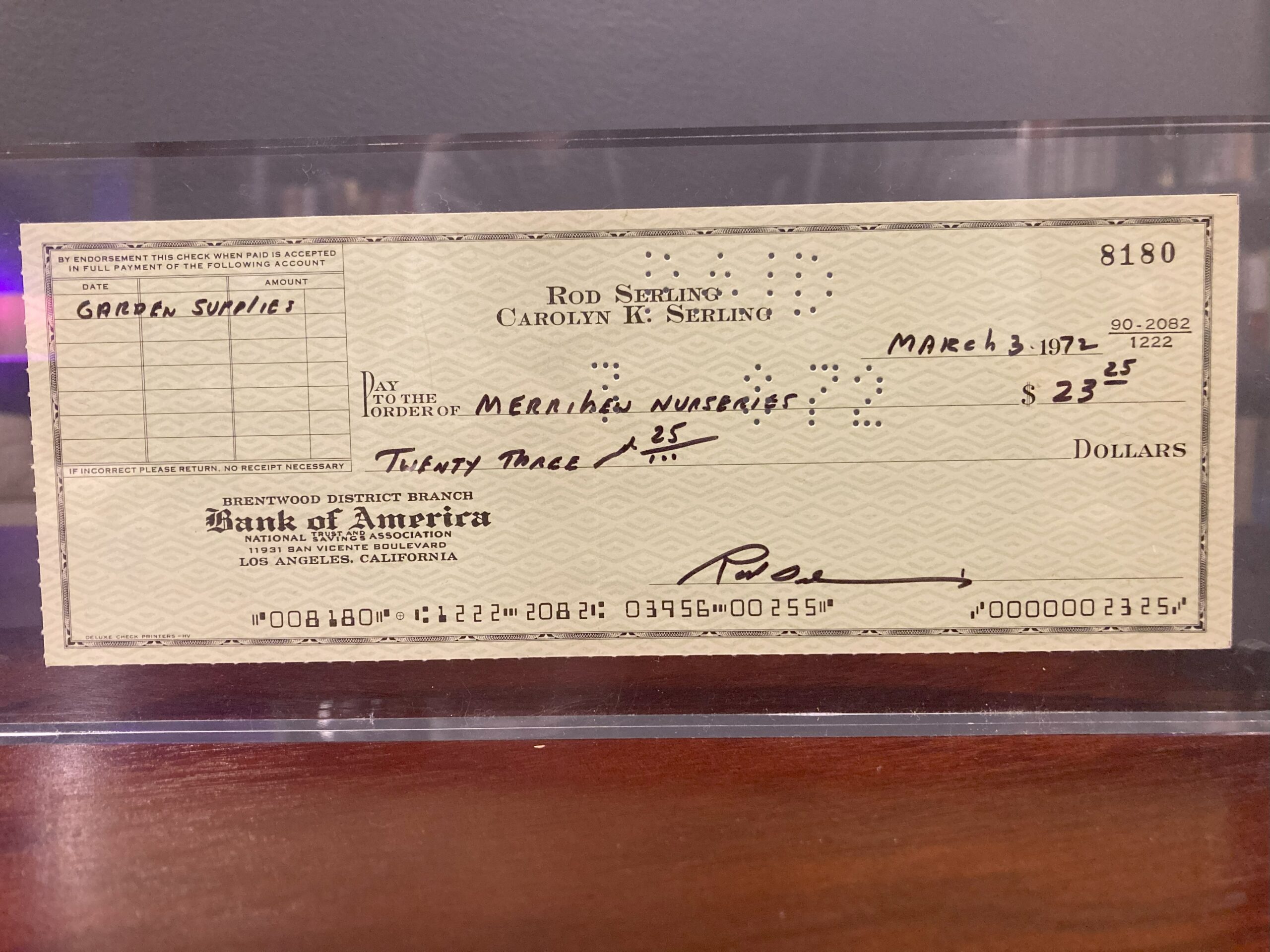 Signed check by Rod Serling of the Twilight Zone